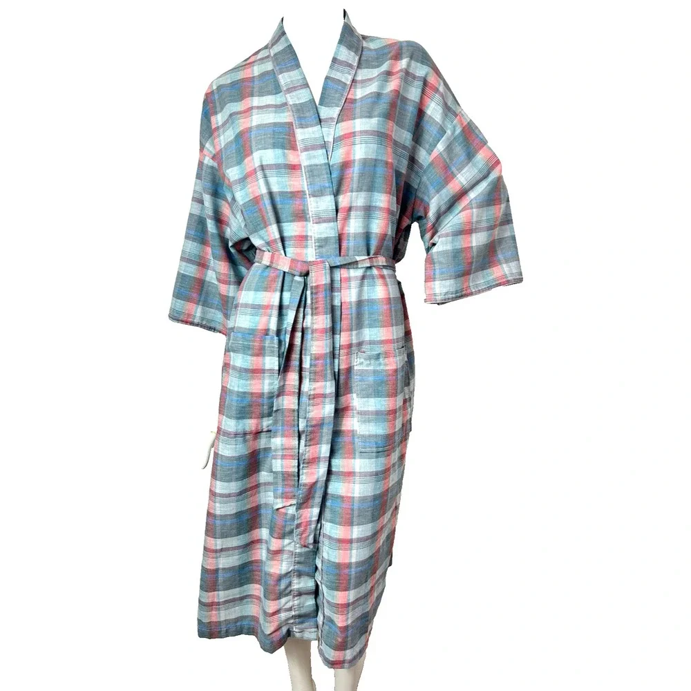 Vintage John Weitz Madras Plaid Kimono Robe Dressing Gown One Size Fit Most Blue